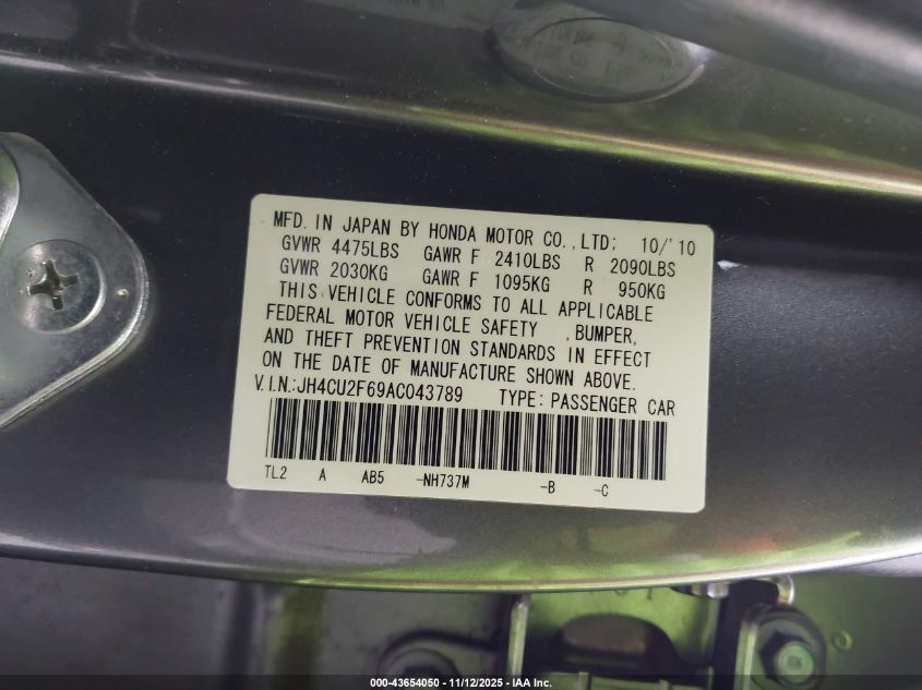 2010 Acura Tsx 2.4 VIN: JH4CU2F69AC043789 Lot: 43654050