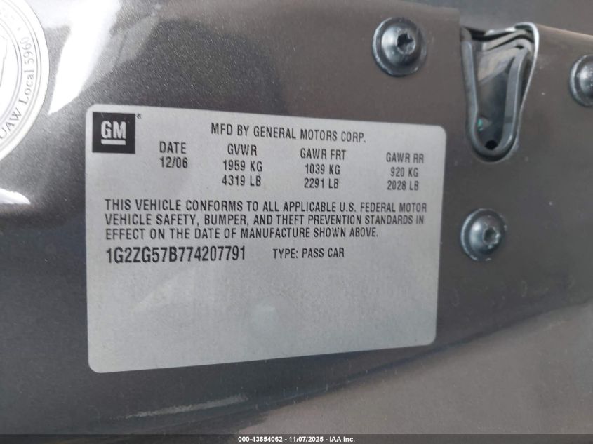 2007 Pontiac G6 VIN: 1G2ZG57B774207791 Lot: 43654062