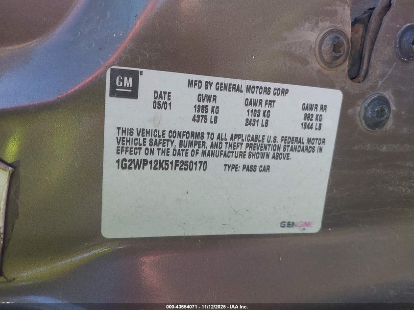 2001 Pontiac Grand Prix Gt VIN: 1G2WP12K51F250170 Lot: 43654071