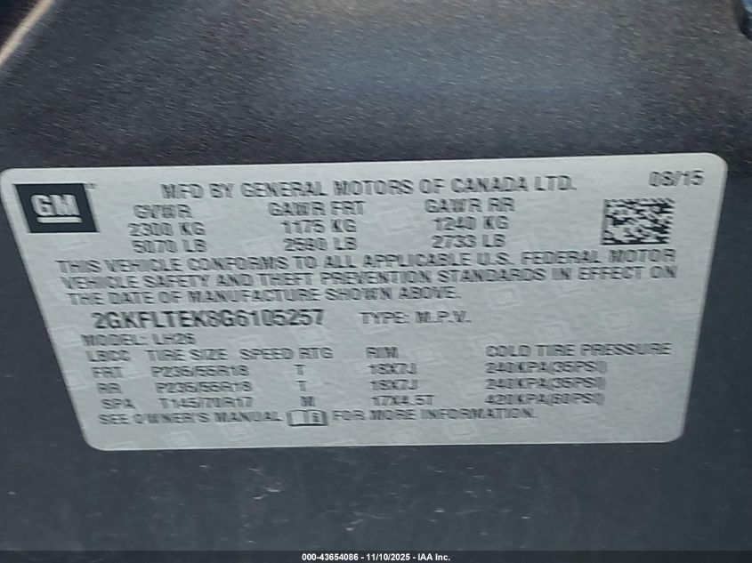 2016 GMC Terrain Sle-2 VIN: 2GKFLTEK8G6105257 Lot: 43654086