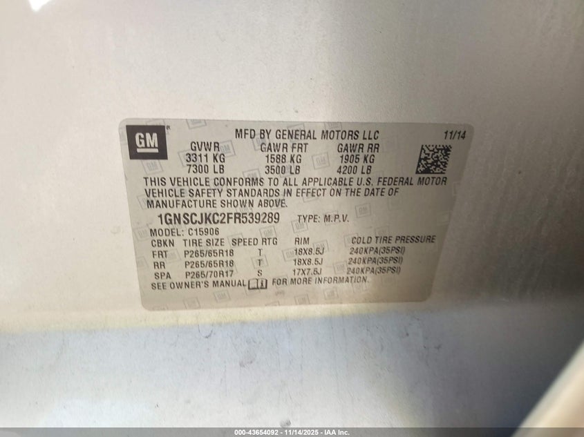 2015 Chevrolet Suburban Lt VIN: 1GNSCJKC2FR539289 Lot: 43654092