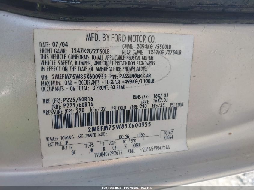 2005 Mercury Grand Marquis Ls/Lse VIN: 2MEFM75W85X600955 Lot: 43654093