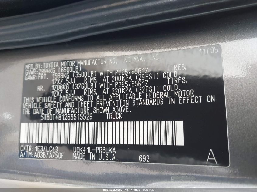 2006 Toyota Tundra Limited V8 VIN: 5TBDT48126S515528 Lot: 43654097