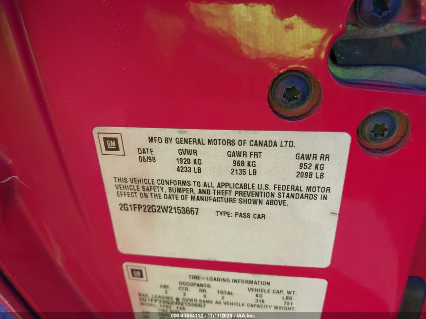 1998 Chevrolet Camaro Z28 VIN: 2G1FP22G2W2153667 Lot: 43654112