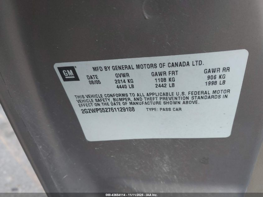 2006 Pontiac Grand Prix VIN: 2G2WP552761129108 Lot: 43654114