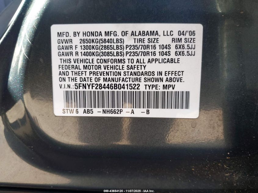 2006 Honda Pilot Ex VIN: 5FNYF28446B041522 Lot: 43654120