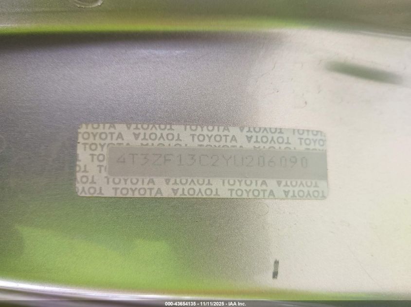 2000 Toyota Sienna Xle VIN: 4T3ZF13C2YU206090 Lot: 43654135