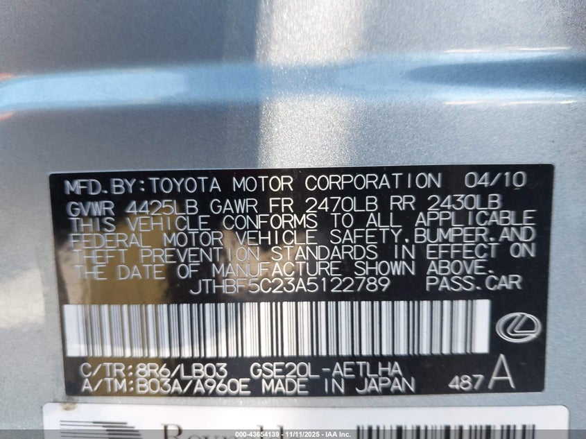 JTHBF5C23A5122789 2010 LEXUS IS photo no. 9