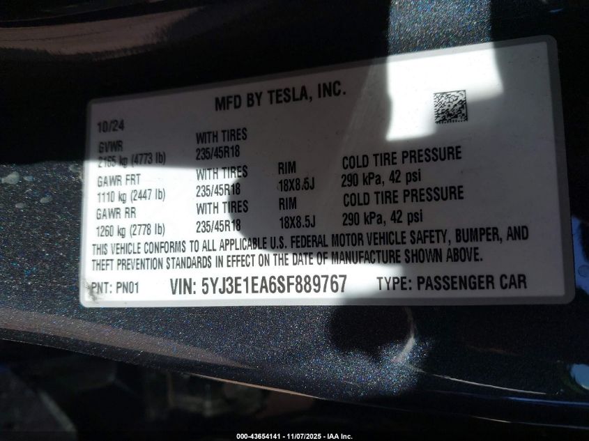 2025 Tesla Model 3 Long Range Rear-Wheel Drive/Standard VIN: 5YJ3E1EA6SF889767 Lot: 43654141