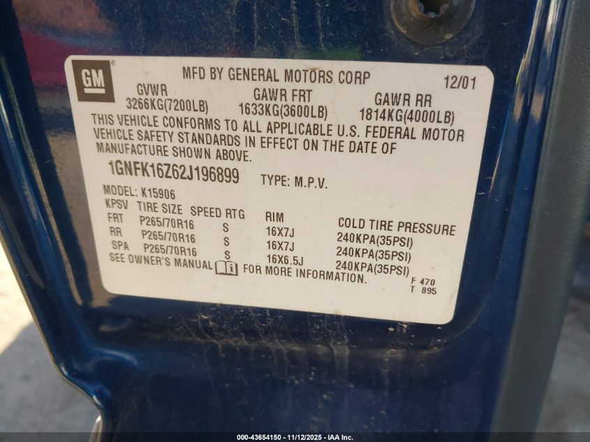 2002 Chevrolet Suburban 1500 Lt VIN: 1GNFK16Z62J196899 Lot: 43654150