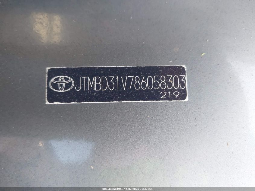 2008 Toyota Rav4 Limited VIN: JTMBD31V786058303 Lot: 43654195