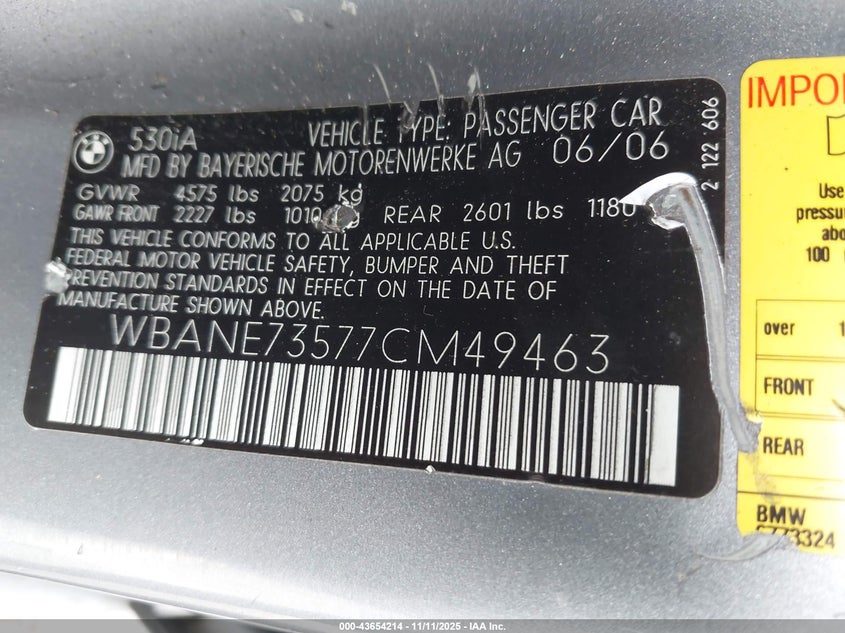 2007 BMW 530I VIN: WBANE73577CM49463 Lot: 43654214