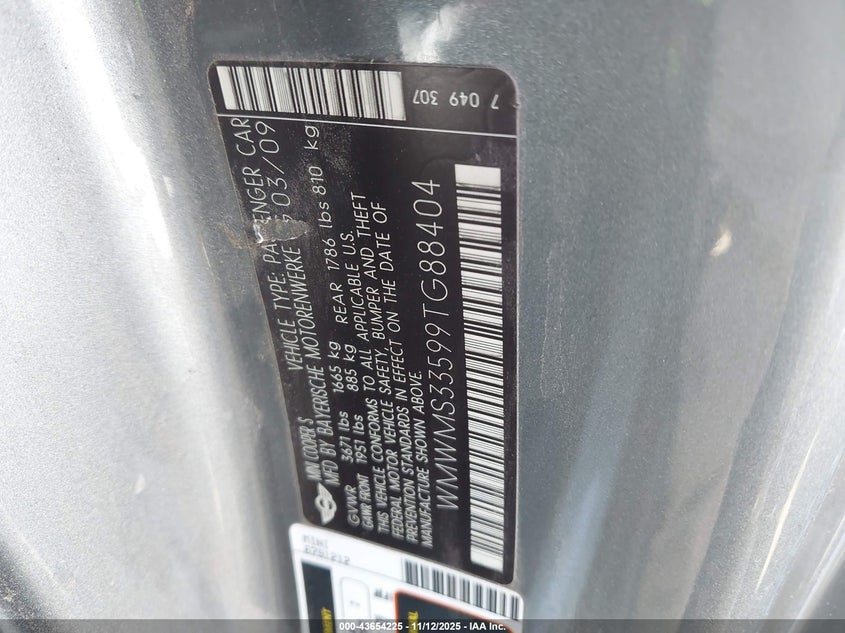 2009 Mini Cooper S VIN: WMWMS33599TG88404 Lot: 43654225