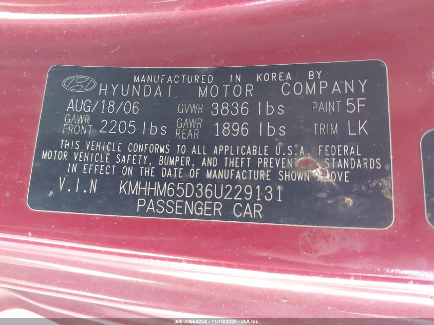 2006 Hyundai Tiburon Gs VIN: KMHHM65D36U229131 Lot: 43654234
