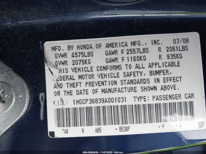 2009 Honda Accord 3.5 Ex-L VIN: 1HGCP36839A001031 Lot: 43654249