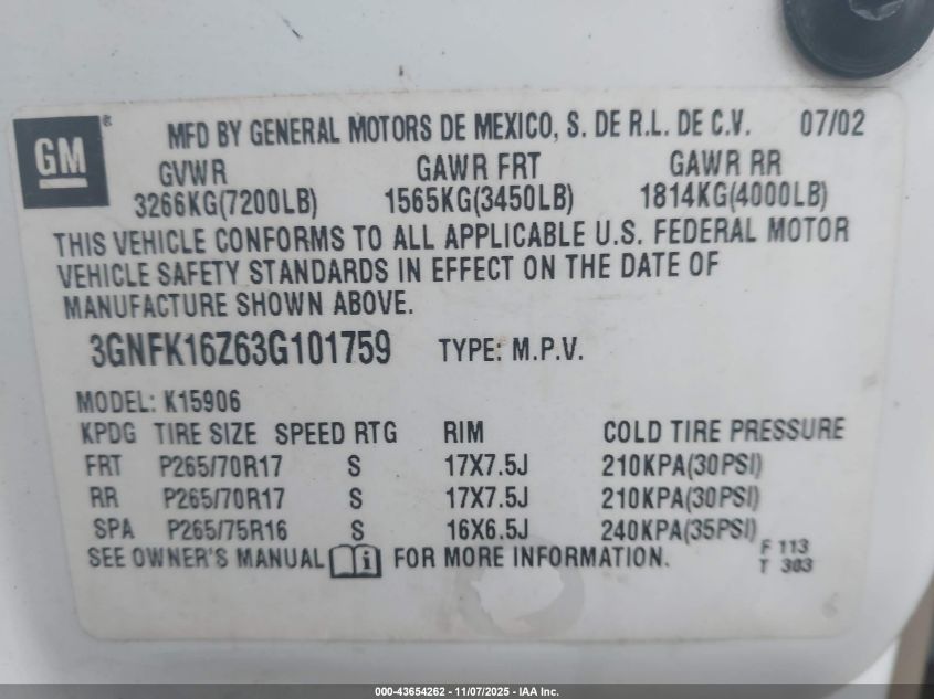 2003 Chevrolet Suburban 1500 Z71 VIN: 3GNFK16Z63G101759 Lot: 43654262