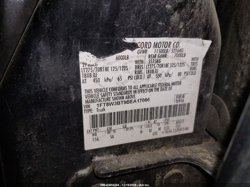 2011 Ford F-350 Lariat VIN: 1FT8W3BT9BEA17086 Lot: 43654284