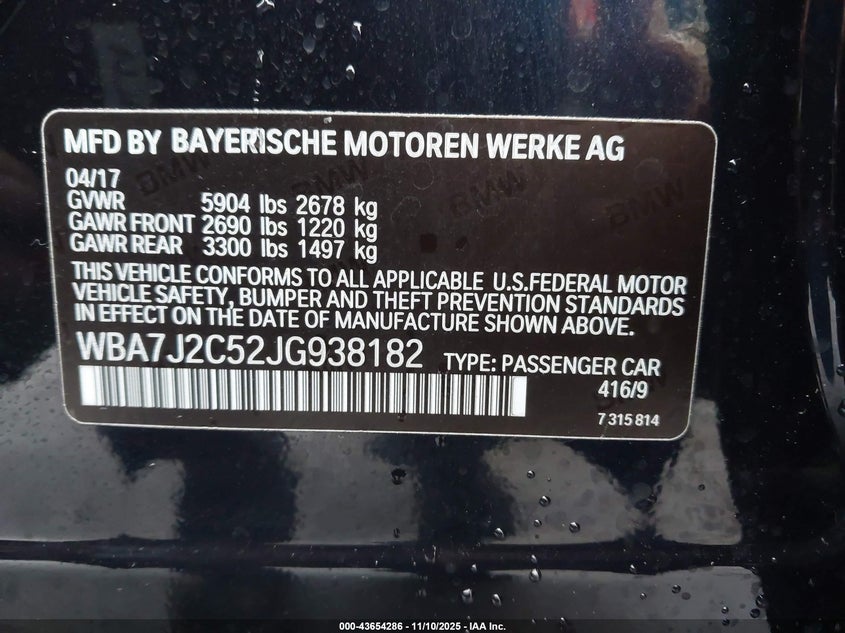 2018 BMW 740E XDRIVE IPERFORMANCE - WBA7J2C52JG938182