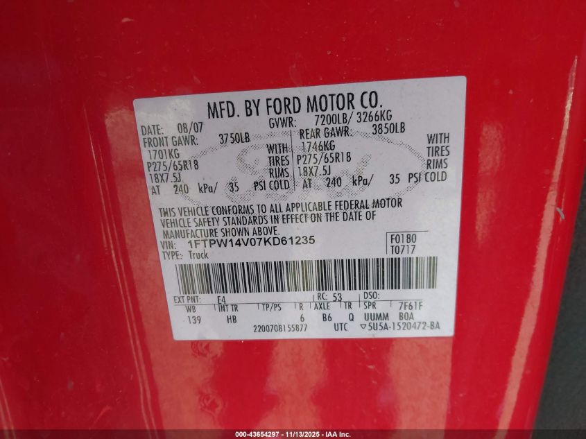 2007 Ford F-150 Fx4/Lariat/Xlt VIN: 1FTPW14V07KD61235 Lot: 43654297