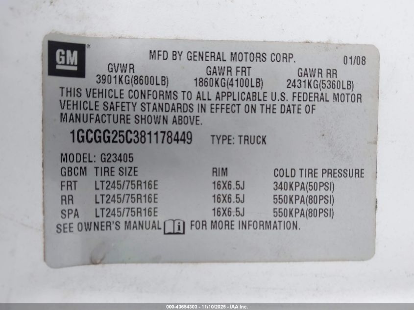 2008 Chevrolet Express Work Van VIN: 1GCGG25C381178449 Lot: 43654303