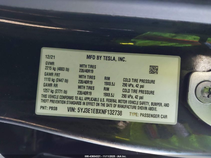 2022 Tesla Model 3 Long Range Dual Motor All-Wheel Drive VIN: 5YJ3E1EBXNF132738 Lot: 43654321