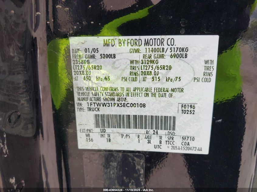 2005 Ford F-350 Lariat/Xl/Xlt VIN: 1FTWW31PX5EC00108 Lot: 43654324