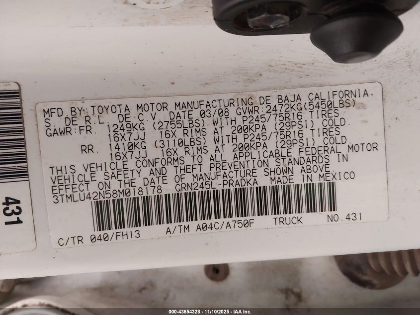 2008 Toyota Tacoma Base V6 VIN: 3TMLU42N58M018178 Lot: 43654328