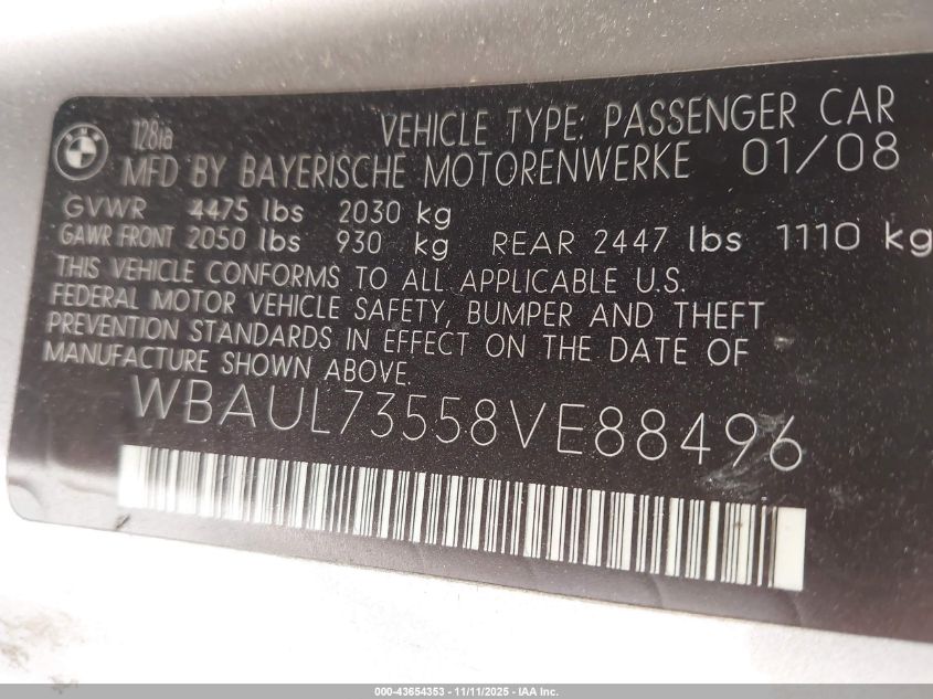 2008 BMW 128I VIN: WBAUL73558VE88496 Lot: 43654353