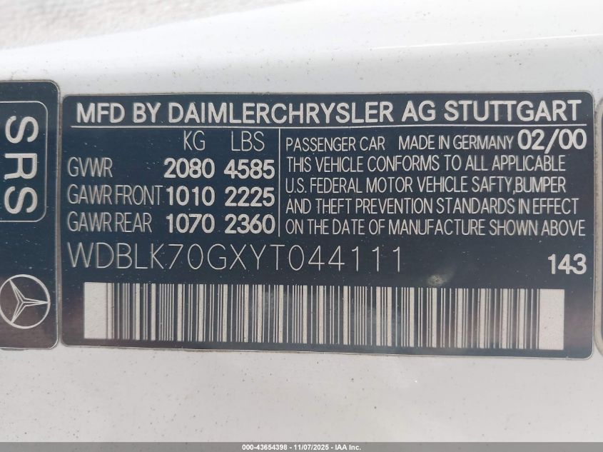 2000 Mercedes-Benz Clk 430 VIN: WDBLK70GXYTY44111 Lot: 43654398