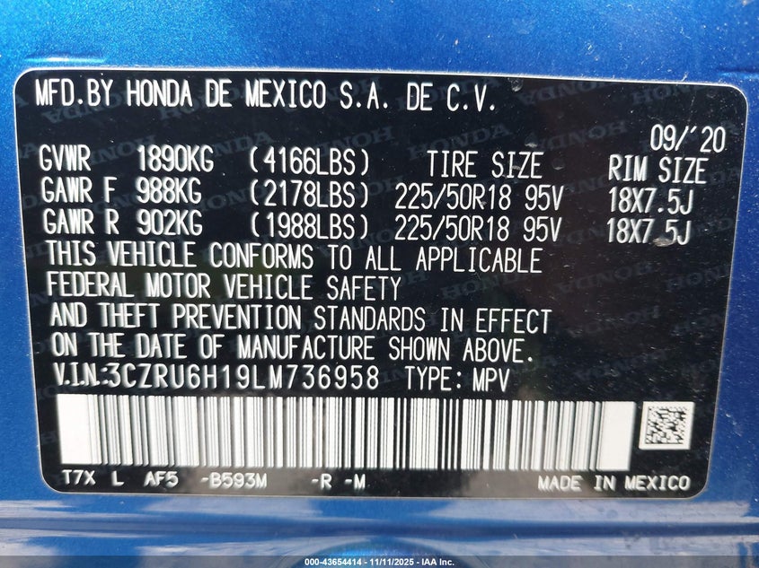 2020 HONDA HR-V AWD SPORT 3CZRU6H19LM736958