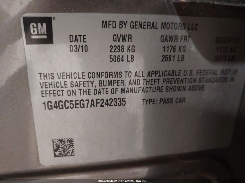 2010 Buick Lacrosse Cxl VIN: 1G4GC5EG7AF242335 Lot: 43654422