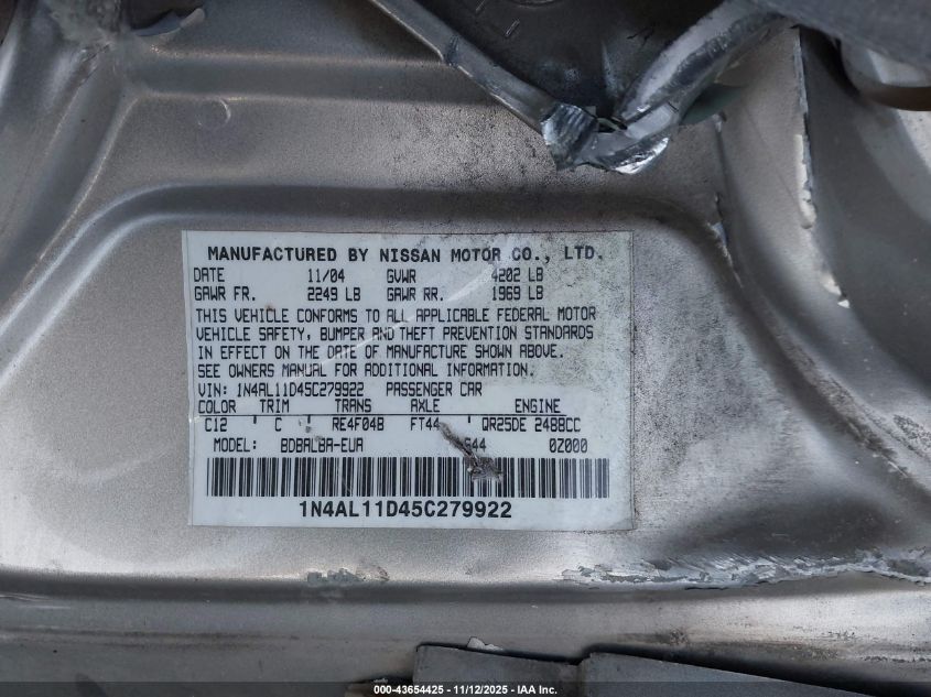 2005 Nissan Altima 2.5 S VIN: 1N4AL11D45C279922 Lot: 43654425