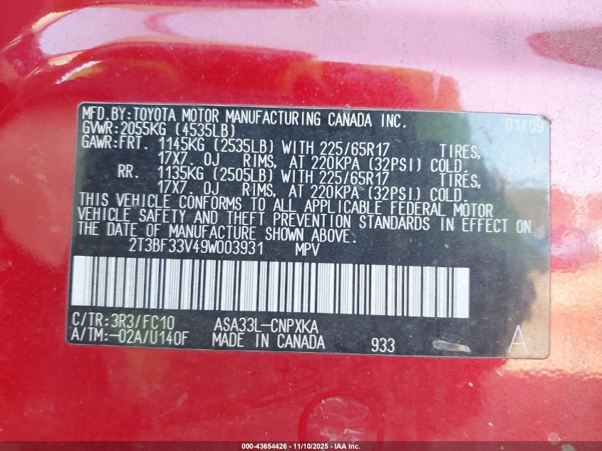 2009 Toyota Rav4 VIN: 2T3BF33V49W003931 Lot: 43654426