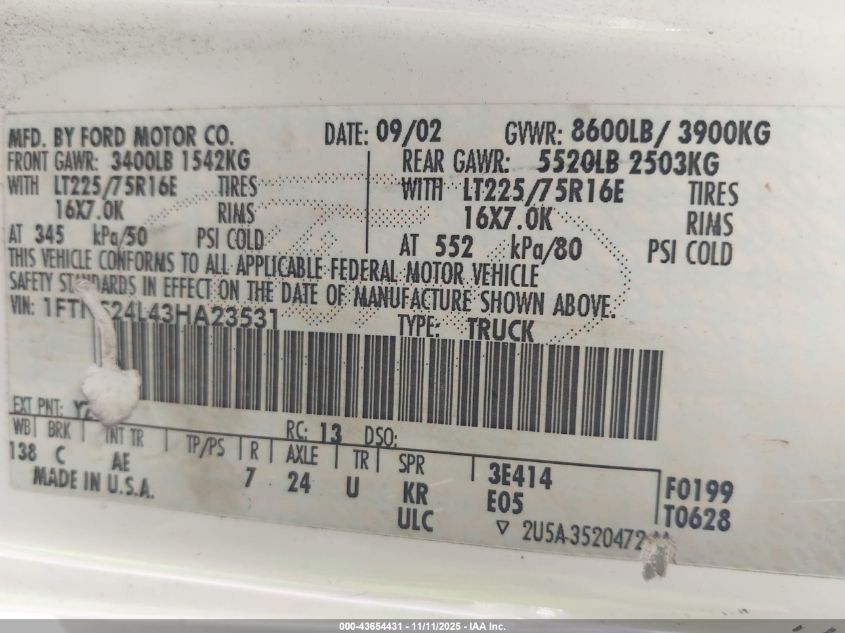 2003 Ford E-250 Commercial/Recreational VIN: 1FTNS24L43HA23531 Lot: 43654431