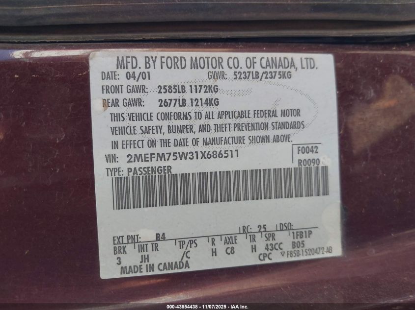 2001 Mercury Grand Marquis Ls VIN: 2MEFM75W31X686511 Lot: 43654438