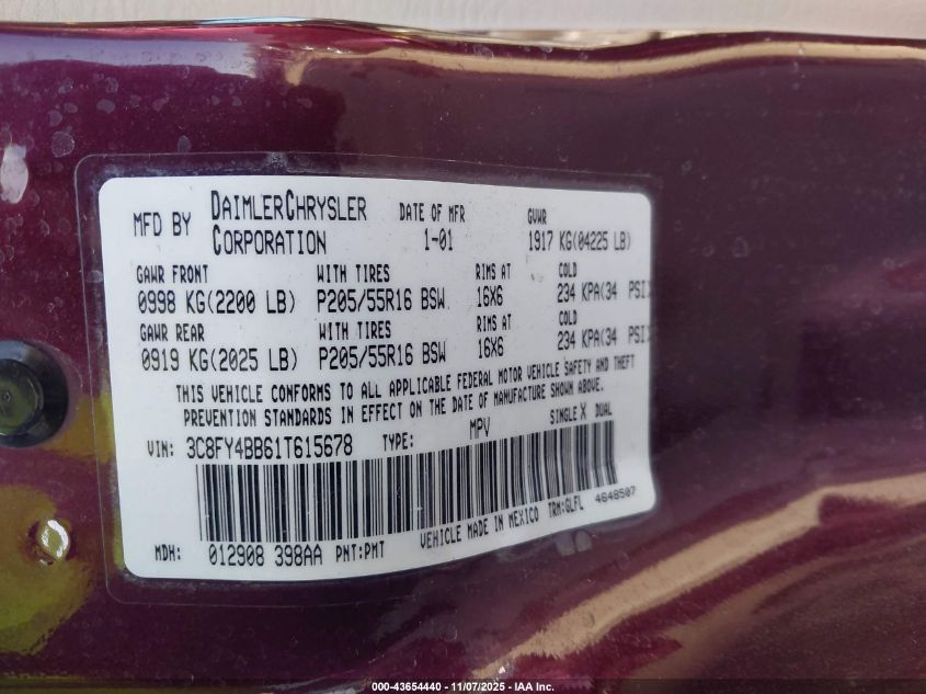 2001 Chrysler Pt Cruiser VIN: 3C8FY4BB61T615678 Lot: 43654440