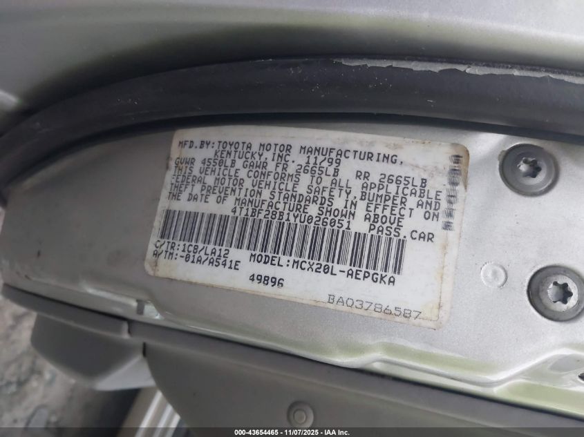 2000 Toyota Avalon Xls VIN: 4T1BF28B1YU026051 Lot: 43654465