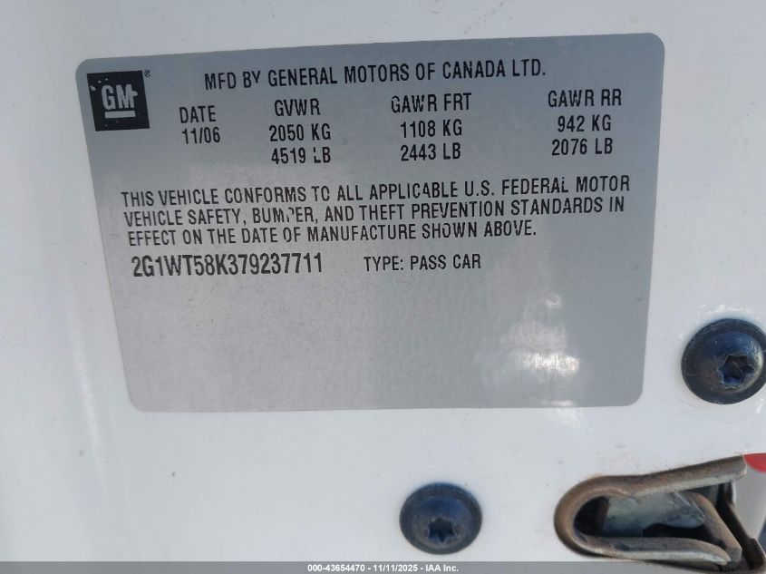 2007 Chevrolet Impala Lt VIN: 2G1WT58K379237711 Lot: 43654470