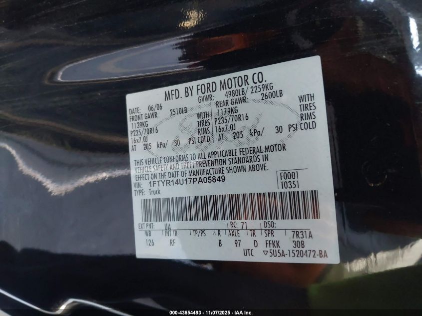 2007 Ford Ranger Sport/Stx/Xl/Xlt VIN: 1FTYR14U17PA05849 Lot: 43654493