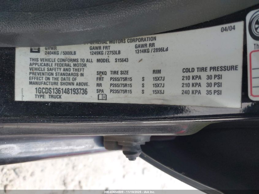 2004 Chevrolet Colorado Ls VIN: 1GCDS136148193736 Lot: 43654509