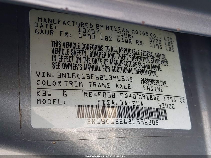 2008 Nissan Versa 1.8S VIN: 3N1BC13E68L396305 Lot: 43654516