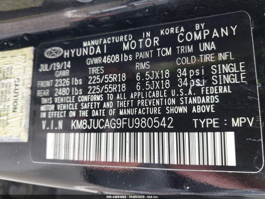 2015 Hyundai Tucson Limited VIN: KM8JUCAG9FU980542 Lot: 43654522