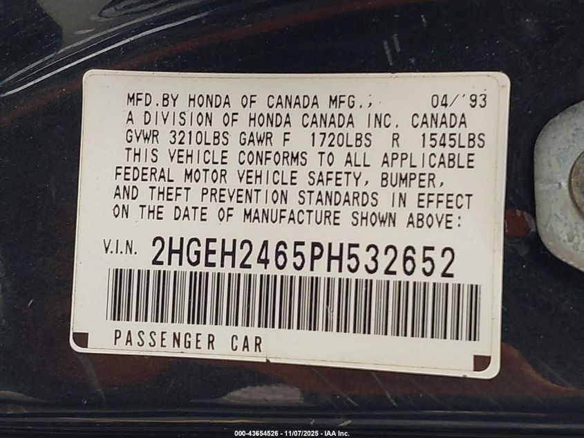 1993 Honda Civic Dx VIN: 2HGEH2465PH532652 Lot: 43654526