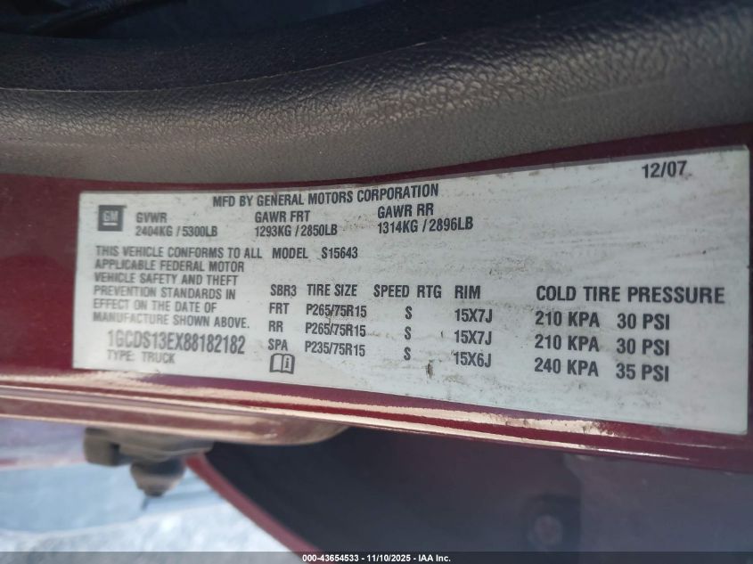 2008 Chevrolet Colorado Lt VIN: 1GCDS13EX88182182 Lot: 43654533