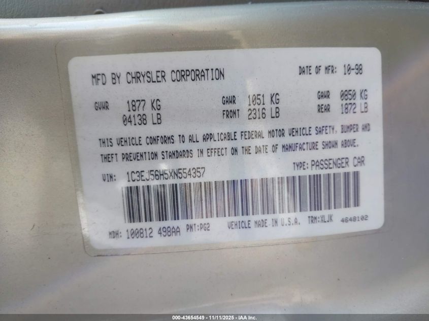 1999 Chrysler Cirrus Lxi VIN: 1C3EJ56H5XN554357 Lot: 43654549