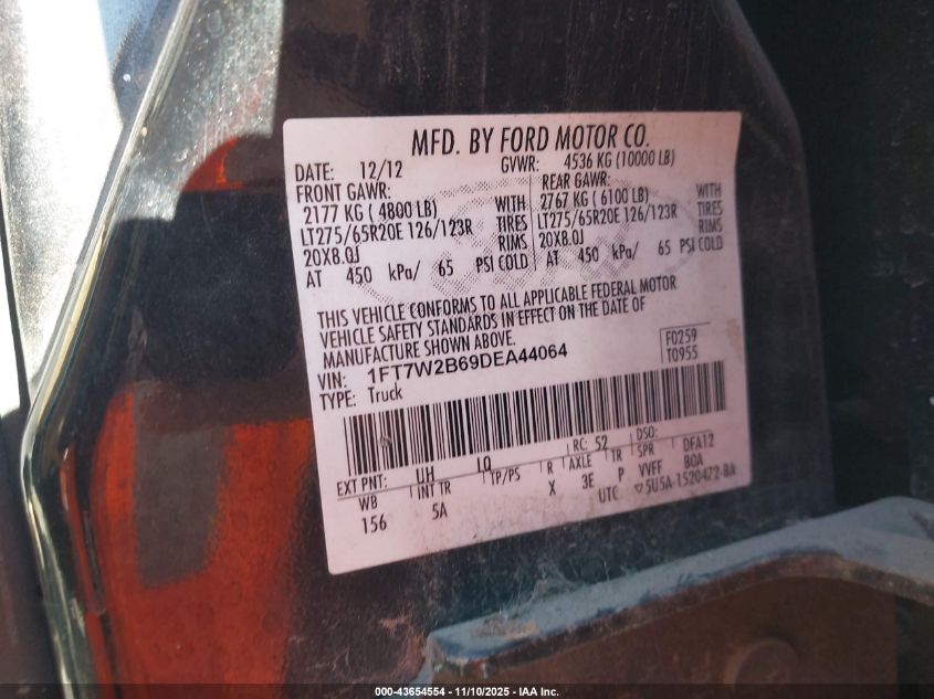 2013 Ford F-250 Lariat VIN: 1FT7W2B69DEA44064 Lot: 43654554