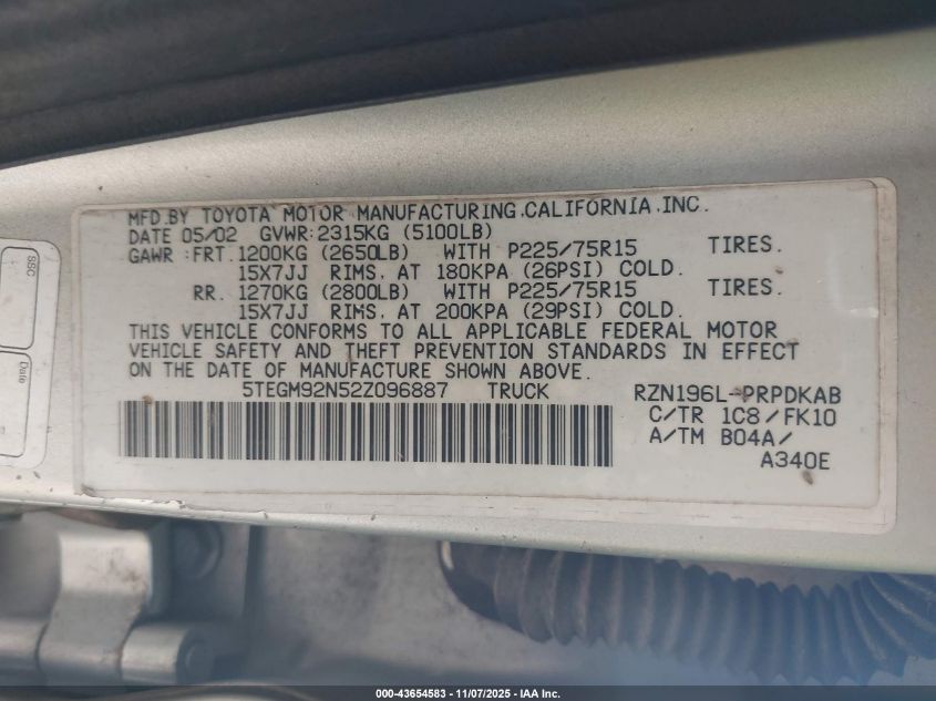 2002 Toyota Tacoma Prerunner VIN: 5TEGM92N52Z096887 Lot: 43654583