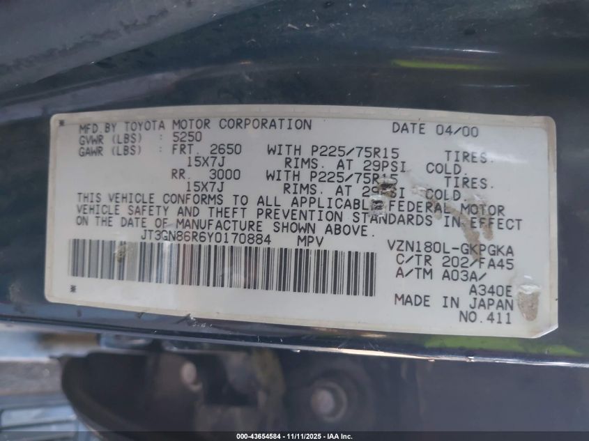 2000 Toyota 4Runner Sr5 V6 VIN: JT3GN86R6Y0170884 Lot: 43654584