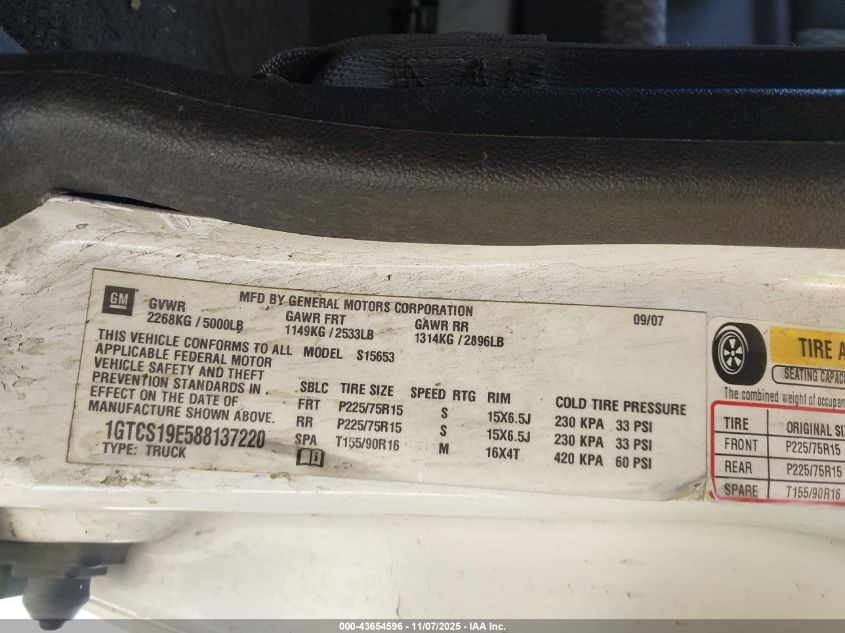 2008 GMC Canyon Sle2 VIN: 1GTCS19E588137220 Lot: 43654596