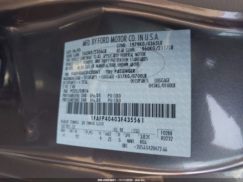2003 Ford Mustang VIN: 1FAFP40403F435561 Lot: 43654601